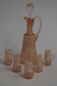 Salviati Murano pink glass decanter and five glasses with enamelled lace style decoration, signed to