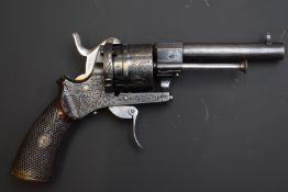 Belgian 7mm six-shot double-action pin-fire revolver with engraved frame and cylinder, carved and