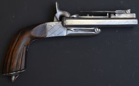 Unnamed double barrelled side by side pin-fire pocket pistol with sprung bayonet, chequered lock,
