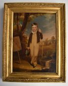 Attributed to John Hoppner (1758-1810), oil on canvas portrait of a young boy with bow beside an