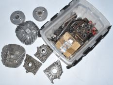 Villiers Starmaker motorbike engine parts, to include three crankcase halves, flywheels, two