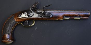 Belgian or French flintlock holster pistol with brass trigger guard, butt cap and mounts, wooden