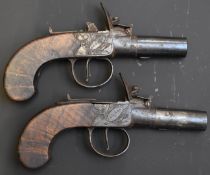 A pair of Clark of London flintlock hammer action pocket pistols each with named and engraved