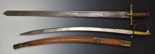 Crusader style sword with 89cm blade, together with a Made In India sword with curved 78cm blade