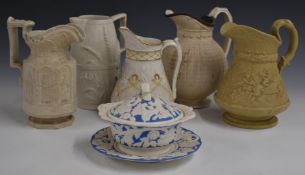 Five Victorian relief moulded jugs including Ridgway, Minton, Copeland and a Samuel Allcock and Co
