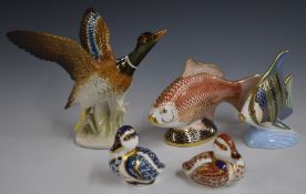Karl Ens duck and four Royal Crown Derby paperweights, tallest 15cm