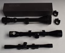 Three air rifle scopes 4x40, BSA 2x and Riflescope 3-9x50 in original box, all with scope mounts.