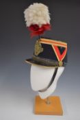 French Parisian fireman's parade hat with brass badge, white over red plume, chin strap and liner
