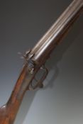 Samuel Ebrall 12 bore pinfire side by side hammer action shotgun with named locks, line engraved