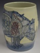 Dennis Chinaworks limited edition no73 large barrel vase decorated with rhinoceros, Sally Tuffin