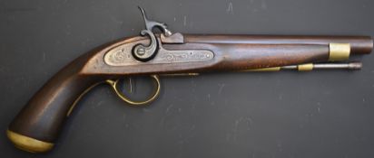 Unnamed percussion hammer action pistol with engraved locks and hammer, brass trigger guard, butt
