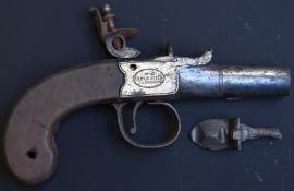 P Bond of Cornhill London flintlock pocket pistol with named lock engraved 'No.45 Corn Hill London',