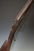 Perrins & Son 14 bore side by side hammer action shotgun with engraved locks, top plate, thumb lever