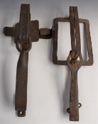 Two vintage large wrought iron animal traps, largest 49x18x12cm.
