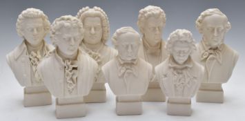 Seven Robinson and Leadbeater Parianware busts of composers including Beethoven, Mozart etc, tallest