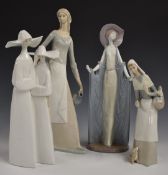 Three large Lladro figurines and a Nao example, tallest 41cm