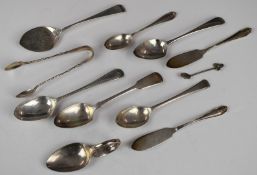 Georgian and later hallmarked silver cutlery to include teaspoons, sugar tongs, baby's spoon etc,