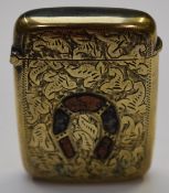 19th/20thC vesta with inlaid agate horseshoe decoration and engraving verso, 5.5 x 4cm
