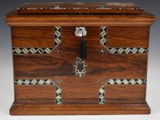 19th/20thC Arts & Crafts mother of pearl and ebony inlaid rosewood stationery cabinet, with lift-