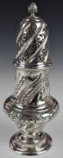 Victorian hallmarked silver sugar caster with wrythen and embossed decoration, London 1890, maker
