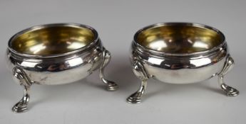 Pair of Georgian hoof footed open salts, London 1762, maker's marks rubbed, width 7cm, weight 93g