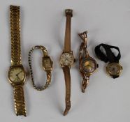 Five various ladies wristwatches comprising two 18ct gold and three 9ct gold, one on 9ct gold