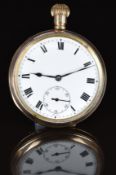 Unnamed gold plated keyless winding open faced pocket watch with subsidiary seconds dial, blued