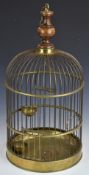 Vintage brass bird cage with turned wooden finial, feeders and hanging perch, H60, diameter 31cm