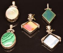 Five hallmarked silver reversible pendants set set with agate, mother of pearl & Blue John