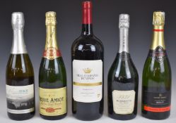 Four bottles of sparkling wine including Chapel Down Brut, Veuve Amiot etc and a bottle of Real