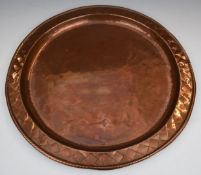 Hugh Wallis Arts and Crafts copper tray with repeating geometric decoration to rim, stamped with