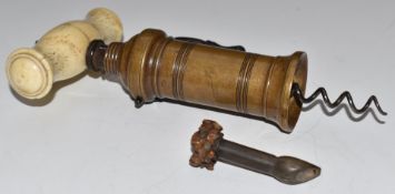 19thC side action brass corkscrew with bone handle and a carved 19thC horn or treen whistle, H18cm