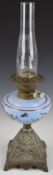 19thC oil lamp with English Duplex burners and blue glass reservoir, H55cm