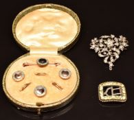 Victorian buckle set with foiled paste, Victorian silver brooch set with paste and set of studs
