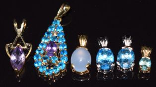 Six 9ct gold pendants, set with moonstone, amethyst and apatite, 8g