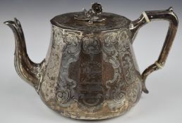 Victorian hallmarked silver teapot of faceted design with engraved decoration, London 1856, maker