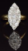 An 18ct gold ring set with old cut diamonds in a marquise shaped setting, size M, 5.7g