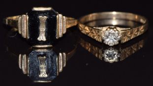A 9ct gold ring set with a diamond and an Art Deco 9ct gold signet ring, 3.7g, sizes L and O