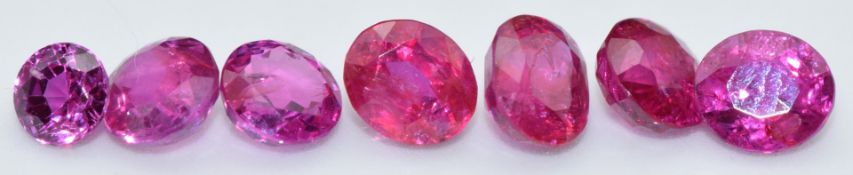 Seven loose round, oval cut natural unheated Burmese rubies, total carat weight approximately 3.