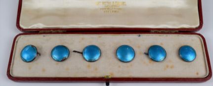 Cased set of six early 20thC white metal and enamel Arts & Crafts buttons, marked to interior of lid