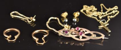 Two pairs of 9ct gold earrings (2.7g), yellow metal earrings, 18ct gold chain and crucifix (2.8g)