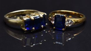 Two 9ct gold rings set with synthetic sapphires, size N, 7.9g