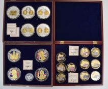Three cased proof coin sets comprising History of British Coinage 70mm silver and gold plated