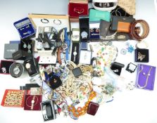A collection of jewellery including watches, Swatch, agate necklace, vintage beads, brooches, etc