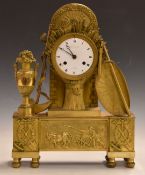 Brass figural 19thC French mantel clock mounted with farming related items, the enamelled Roman dial