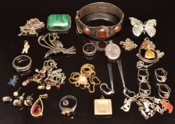 A silver brooch, platinon brooch set with marcasite, Excalibur silver bangle set with agate,