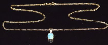 A 9ct gold pendant set with a synthetic opal, on 9ct gold chain, 2.4g