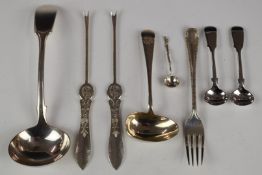 Hallmarked silver cutlery comprising ladle, fork, pair of salt spoons and a further salt spoon,