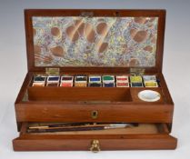 Edwardian inlaid mahogany artist's paint box with fitted interior, paints and single drawer, W22 x