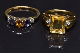 Two 9ct gold rings set with quartz and diamonds, 5.7g, size N
